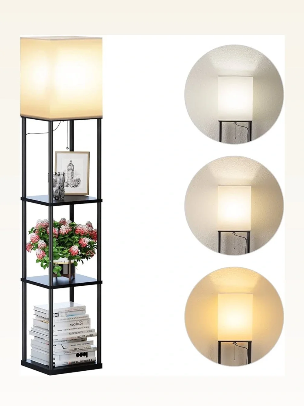 Modern Black Floor Lamp with White Shade and Shelves